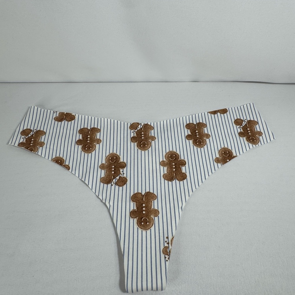 aerie White Striped Thong with Brown Gingerbread Print